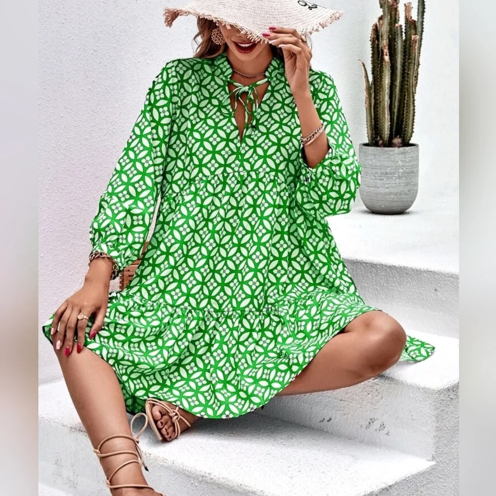 New Preppy Floral Smock Babydoll Ruffle Dress Green White - Picture 4 of 8